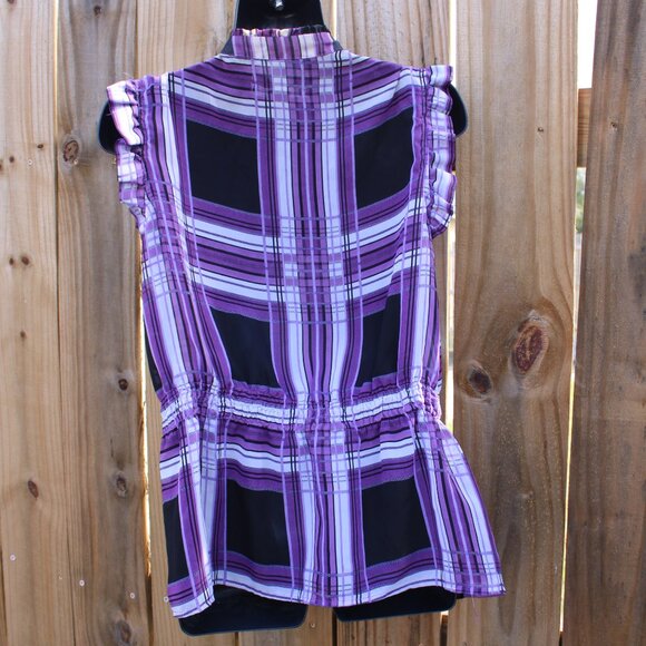 Paper Tee Purple Plaid Ruffle Blouse Sleeveless Sheer Top XL - Picture 4 of 5